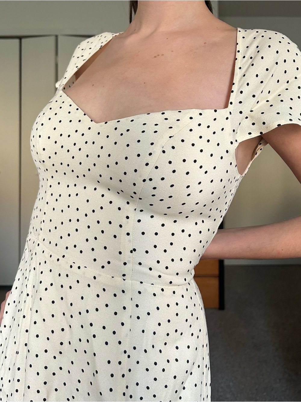 Reformation Cream Polka Dot Sweetheart-Neck Midi Dress - Picture 3 of 4